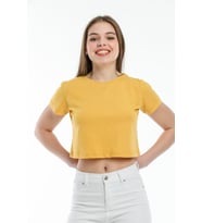 Süperlife Kadın Bisiklet Yaka Crop Örme Slim Fit Tişort SPR21Y13 (Hardal)