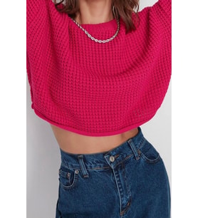 Stil Modern Kadın Crop Düşük Kol Bisiklet Yaka Geniş Kalıp Triko Kazak (Fuşya)