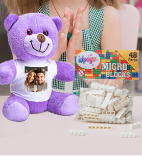 Kişiye Özel Peluş Mor Ayıcık Ve Renkli Micro Blocks Lego (Beyaz)