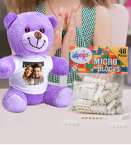 Kişiye Özel Peluş Mor Ayıcık Ve Renkli Micro Blocks Lego (Beyaz)