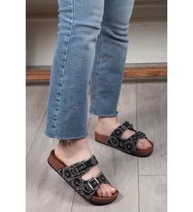 Pienn 20054-002 Kadın Taşlı Çift Tokalı Comfort Terlik (Siyah)