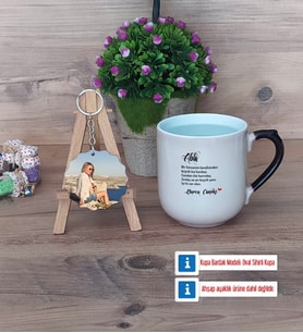 Ablaya Hediye Kupa Bardak Beyaz ve Fotoğraflı Ahşap Anahtarlık Hediye (Model 10)
