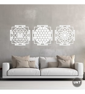 Ahşap Yaşam Çiçeği Sri Yantra Torus Nefesi Üçlü Dekoratif Tablo Duvar Süsü Ev Hediyesi 30 cm (Beyaz)