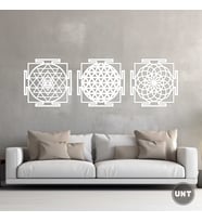 Ahşap Yaşam Çiçeği Sri Yantra Torus Nefesi Üçlü Dekoratif Tablo Duvar Süsü Ev Hediyesi 30 cm (Beyaz)