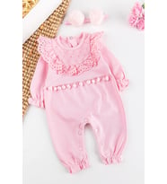 Güpürlü Ponpon Bandanalı Kız Bebek Tulum Takım (Pembe)