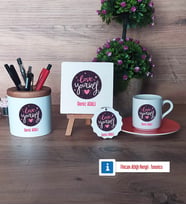Love Yourself Hediye Seti Dekoratif Taş, Kalemlik, Ahşap Altlıklı Türk Kahvesi Fincanı, Ahşap Anahtarlık Hediye (Model 8)