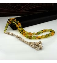 BÜYÜK BOY KAPSÜL KESİM KAZAZ PÜSKÜLLÜ ORJİNAL DAMLA KEHRİBAR TESBİH (Sarı-Yeşil)