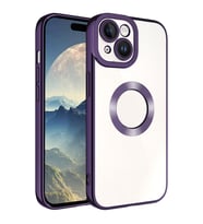 Apple iPhone 15 Kılıf Logo Yeri Açık Kamera Lens Korumalı Renkli Kenarlı Şeffaf Silikon (Mor)