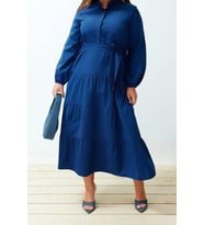 Moda Rahat Casual Günlük Terrycotton Dokuma Dik Yaka Uzun Kol Basic Maxi Boy Tesettür Elbise (Saks)