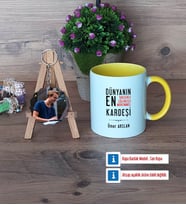 Erkek Kardeş Kupa Bardak Beyaz ve Fotoğraflı Ahşap Anahtarlık Hediye (Model 7)