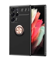 Galaxy S22 Ultra Kılıf Zore Ravel Yüzüklü Silikon Kılıf (Siyah-Rose Gold)
