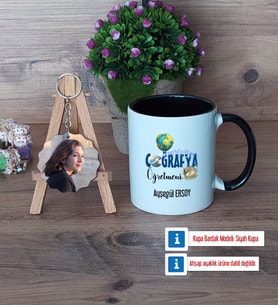 Coğrafya Öğretmeni Kupa Bardak Beyaz ve Fotoğraflı Ahşap Anahtarlık Hediye Öğretmenler Günü Hediyesi (Model 11)