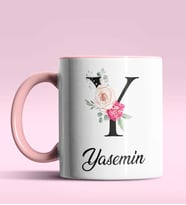 Kişiye Özel Y Harfi Temalı Gül Tasarım Siyah Renk Kupa (Pembe)