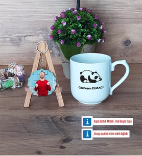 Uykucu Panda Kupa Bardak Beyaz ve Fotoğraflı Ahşap Anahtarlık Hediye (Model 5)