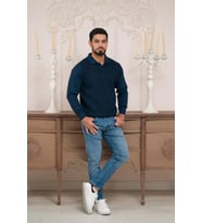 Woolen World Polo Yaka Armürlü Yünlü Erkek Triko Kazak (Lacivert)