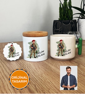 Kişiye Özel Karikatürlü Asker Hediye Seti T Kupa, Kalemlik, Anahtarlık Askere Hediye Asker Sevgiliye Hediye (Yeşil)