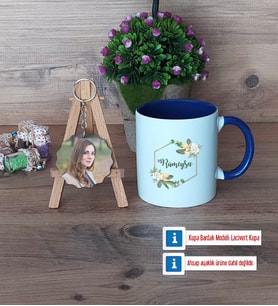 Doğum Günü Hediyesi Kupa Bardak Beyaz ve Fotoğraflı Ahşap Anahtarlık Hediye (Model 3)