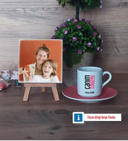 Anneye Hediye Fotoğraflı Dekoratif Taş, Ahşap Altlıklı Türk Kahvesi Fincanı Hediye (Model 6)