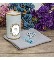 Hediyelik Şal, İnci Tesbih, Silindir Kutulu (18x10) Mavi Set (Model 2)