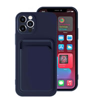 iPhone 12 Pro Max Kılıf ​​Kartlıklı Silikon Dikişli Deri Görünüm (Lacivert)