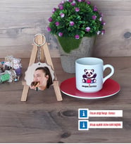 Sevimli Panda Türk Kahvesi Fincanı Ahşap Altlıklı ve Fotoğraflı Ahşap Anahtarlık Hediye (Model 3)