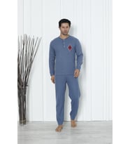 Falkom 5006 İnterlok Kalın Kışlık Çizgili Erkek Ev Pijama Takımı (Mavi)