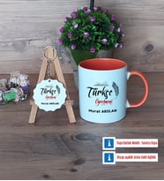 Türkçe Öğretmeni Kupa Bardak Kırmızı ve Ahşap Anahtarlık Hediye Öğretmenler Günü Hediyesi (Model 12)
