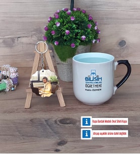 Bilişim Teknolojileri Öğretmeni Kupa Bardak Beyaz ve Fotoğraflı Ahşap Anahtarlık Hediye Öğretmenler Günü Hediyesi (Model 10)