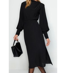 Moda Stil Regular Degaje Yaka Midi Boy Yırtmaçlı Dokuma Elbise (Siyah)