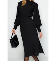 Moda Stil Regular Degaje Yaka Midi Boy Yırtmaçlı Dokuma Elbise (Siyah)