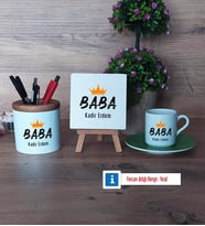 Babalar Günü Hediyesi Hediye Seti Dekoratif Taş, Kalemlik, Ahşap Altlıklı Türk Kahvesi Fincanı HediyeBabaya Hediye (Model 9)