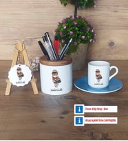Baykuş Hediye Sepeti Kalemlik, Türk Kahvesi Fincanı Kırmızı, Ahşap Anahtarlık Hediye (Model 3)
