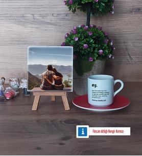 Eşe Hediye Fotoğraflı Dekoratif Taş, Ahşap Altlıklı Türk Kahvesi Fincanı Hediye (Model 3)