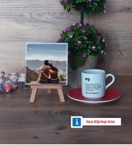 Eşe Hediye Fotoğraflı Dekoratif Taş, Ahşap Altlıklı Türk Kahvesi Fincanı Hediye (Model 3)