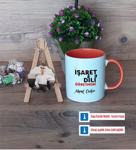 İşaret Dili Öğretmeni Kupa Bardak Beyaz ve Fotoğraflı Ahşap Anahtarlık Hediye (Model 13)