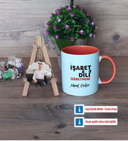 İşaret Dili Öğretmeni Kupa Bardak Beyaz ve Fotoğraflı Ahşap Anahtarlık Hediye (Model 13)