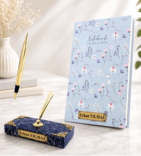 Kişiye Özel Siyah Mermer Kaideli İmza Kalemi ve Tasarım Defter Hediye Seti