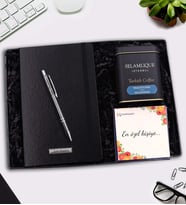 Kişiye Özel Siyah Defter & Gümüş Renk Detaylı Tükenmez Kalem & Selamlıque Türk Kahvesi Hediye Seti (Model 9)