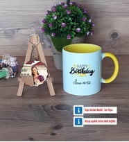 Happy Birthday Kupa Bardak Beyaz ve Fotoğraflı Ahşap Anahtarlık Hediye (Model 7)