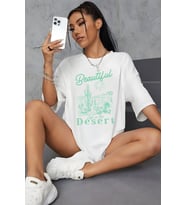 Beautiful Baskılı Pamuklu Oversize Tişört (Beyaz)