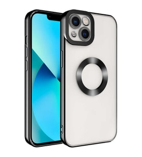 Apple iPhone 13 Kılıf Case, Logo Showing Serisi, Şeffaf, Kamera Korumalı, Logo Gösteren Renkli Çizgi Tasarım (Siyah)
