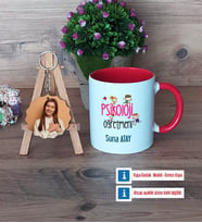 Psikoloji Öğretmeni Kupa Bardak Beyaz ve Fotoğraflı Ahşap Anahtarlık Hediye (Model 2)