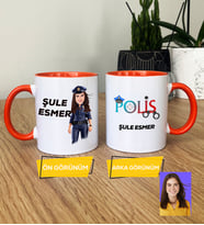 Kişiye Özel Karikatürlü Polis Hediye Kupa Bardak Kadın Polise Polisler Günü Hediyesi (Turuncu)