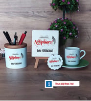 Kütüphaneci Hediye Seti Dekoratif Taş, Kalemlik, Ahşap Altlıklı Türk Kahvesi Fincanı, Ahşap Anahtarlık Hediye (Model 9)