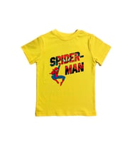 Spiderman baskılı örümcek adam pamuklu penye kumaş yazlık çocuk tişört (Sarı)