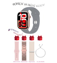 Samsung Galaxy M31 Prime Uyumlu Açık Mavi Akıllı Saat Watch 10 Mini Kordon Hediyeli AMOLED EKRAN 41MM (Gri - Pembe)