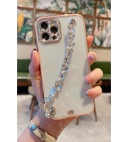 iPhone 12 Pro Max Kılıf Şeffaf Bileklik Zincirli Taş Desenli (Pembe)