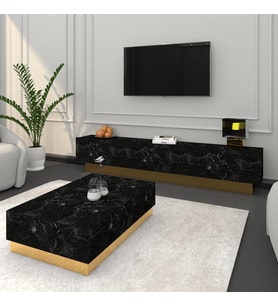 SACRAMENTO MERMER TV ÜNİTESİ VE ORTA SEHPA TAKIMI SÜPER LÜX MDF PARLAK GOLD SİBU (Siyah)