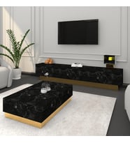 SACRAMENTO MERMER TV ÜNİTESİ VE ORTA SEHPA TAKIMI SÜPER LÜX MDF PARLAK GOLD SİBU (Siyah)