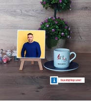 Patolog Fotoğraflı Dekoratif Taş, Ahşap Altlıklı Türk Kahvesi Fincanı Hediye (Model 4)